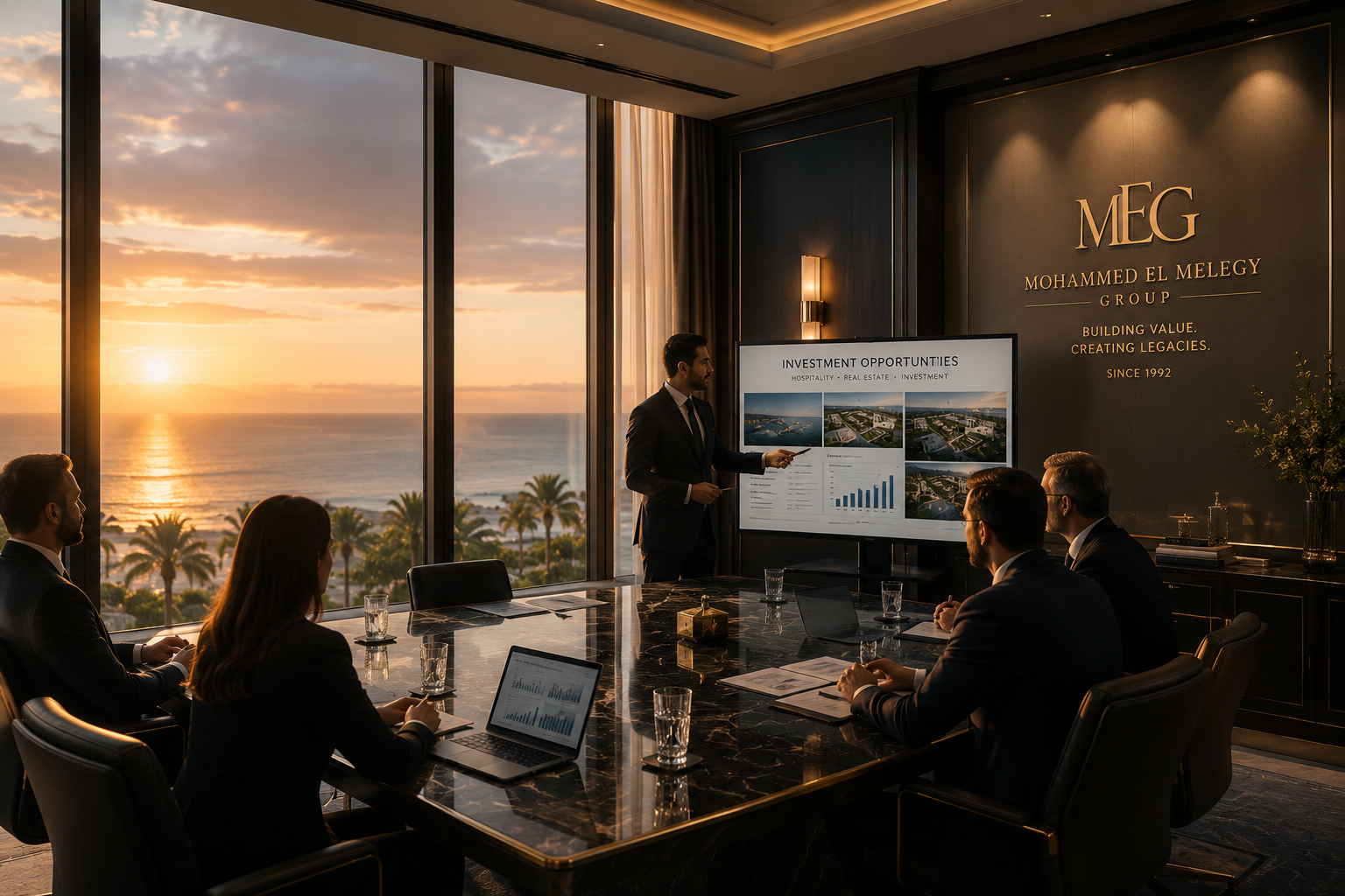 Investor boardroom presentation overlooking the Red Sea